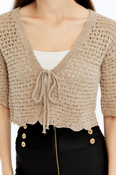 MA ananas Women's Openwork Rope Tie Short Sleeve Cardigan