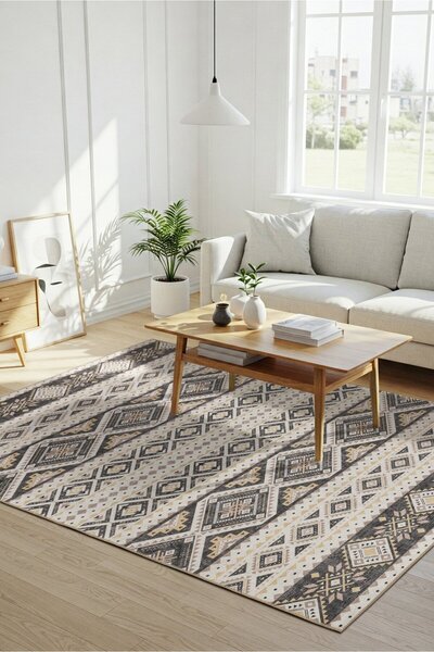 ARTLOOP Nora Krem / Gri Etnik Desenli Dokuma Tabanlı Modern Şönil Halı AL 508