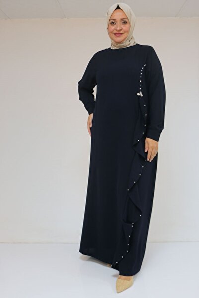 Eslina 52016 Plus Size Crepe Dress with Ruffles on the Front and Stone Detail - Navy Blue