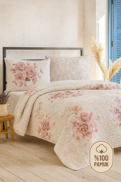 Evimcim 100% Cotton Single Quilted Duvet Cover Set Rose Patterned Luxury Box