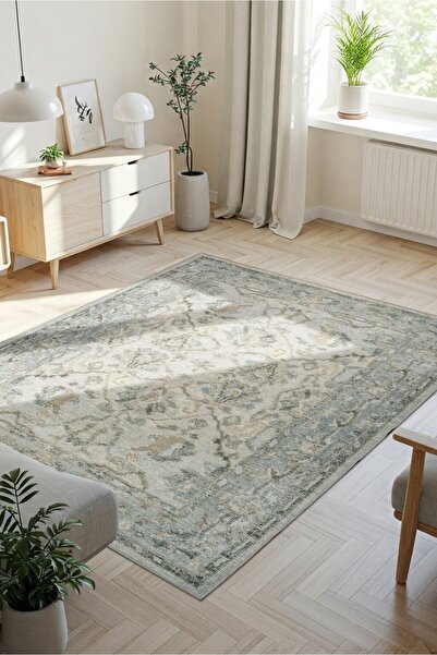 ARTLOOP Relic Yeşil Vintage Dokulu Klasik Desenli Dokuma Tabanlı Şönil Halı AL 519