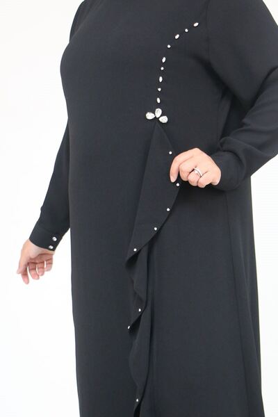 Eslina 52016 Plus Size Crepe Dress with Ruffles on the Front and Stone Detail - Black