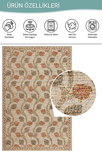 ARTLOOP Nora Bej / Turuncu Vintage Dokulu Nar Desenli Dokuma Tabanlı Şönil Halı AL 486