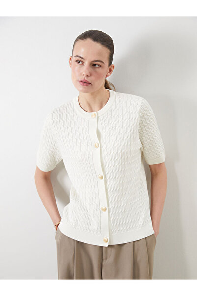 LC Waikiki Ekru Bisiklet Yaka Kendinden Desenli Kadın Triko Hırka