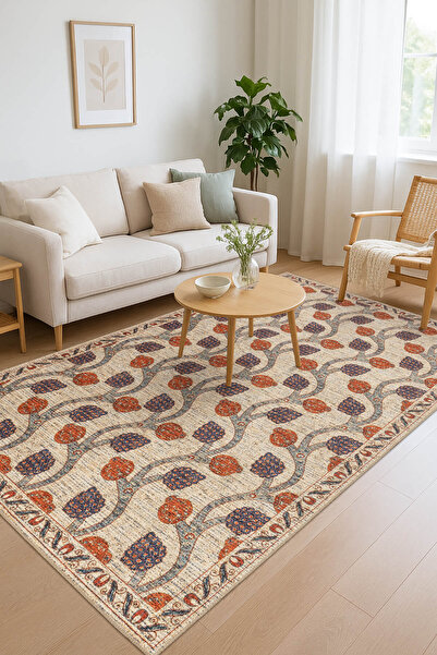 ARTLOOP Nora Bej Vintage Dokulu Nar Desenli Dokuma Tabanlı Şönil Halı AL 487