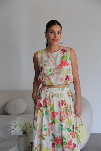 Julidress Patterned Tie-Up Crop Blouse and Maxi Long Lined Skirt Premium Linen Set