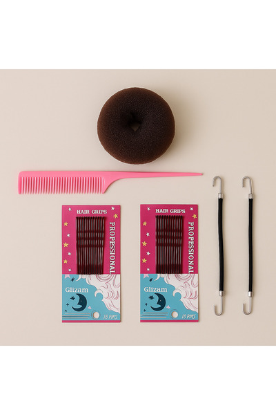 Pretty Topuz Yapma Seti 4’lü – Tarak, Çengelli Toka, Tel Toka, Topuz Süngeri