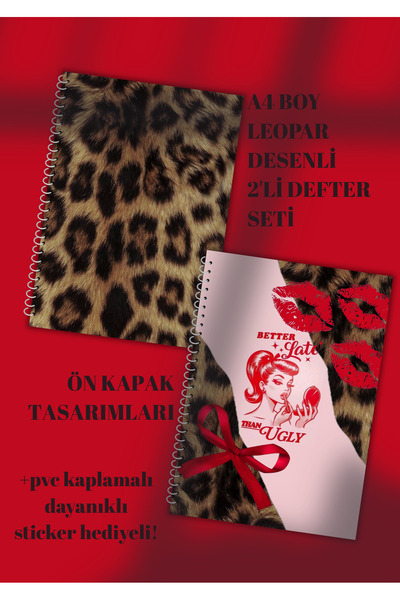 merccuri crafts Leopar Desenli A4 Spiralli Okul Defteri 50 yaprak 2'li Set Çizgili/Kareli PVC kaplama