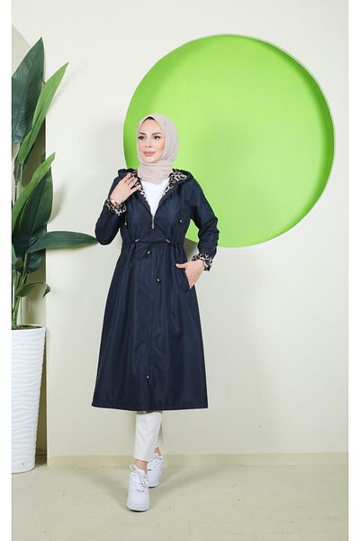 Vibeys Moda Large Size Women's Trench Coat with Leopard Pattern Inside and Self-Lining