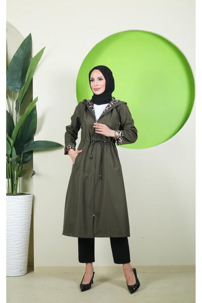 Vibeys Moda Large Size Women's Trench Coat with Leopard Pattern Inside and Self-Lining