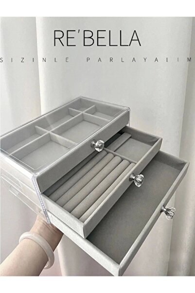Toptan Bulurum 3 Drawers Compartment Faf Jewelry Box |   Jewelry Storage Box |   Gray Color Option 13X23X10