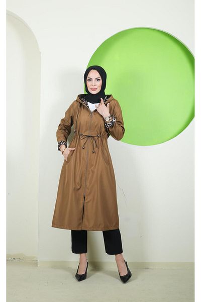 Vibeys Moda Large Size Women's Trench Coat with Leopard Pattern Inside and Self-Lining