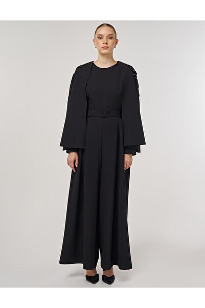 Kayra Stylish Jumpsuit with Embroidery Detail Black
