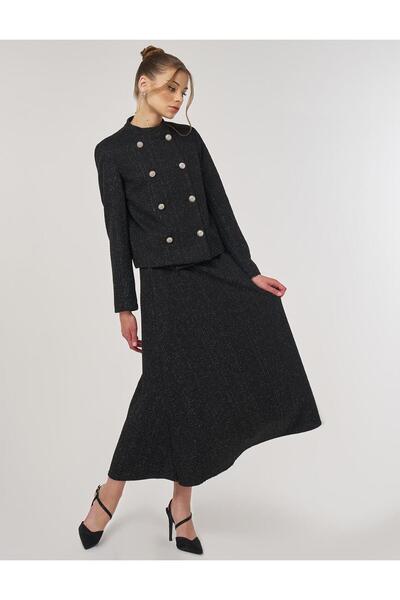 Kayra Button Detailed Skirt Suit Black