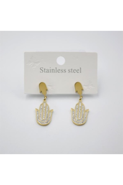 SepetBudur Stoned Fatima Hand Earrings - Gold