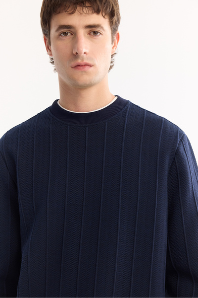 Avva Men's Navy Blue Crew Neck Jacquard Sweatshirt A52Y1218