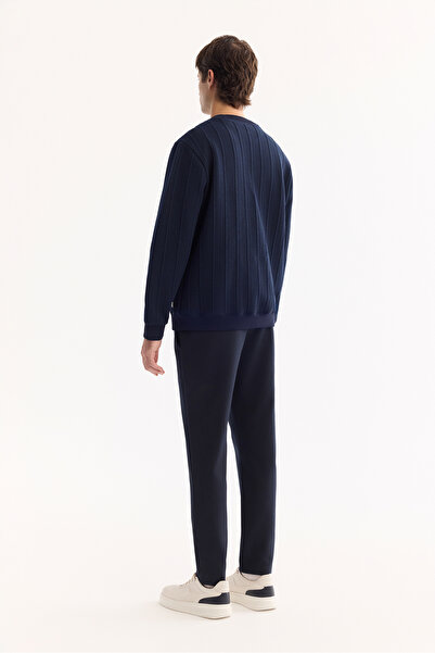 Avva Erkek Lacivert Bisiklet Yaka Çizgili Elastan Regular Fit Sweatshirt A52Y1218