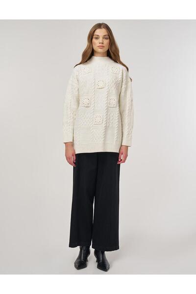 Kayra Crochet Garnished Knitwear Tunic Ecru