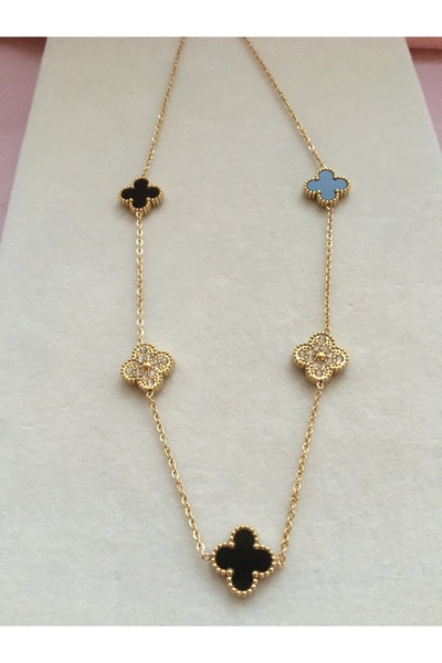 GUNESTAKI Gold Black Stone Clover Steel Necklace
