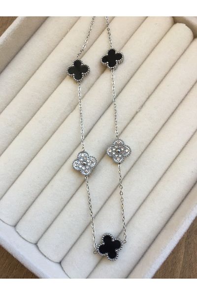 GUNESTAKI Silver Black Stone Clover Steel Necklace
