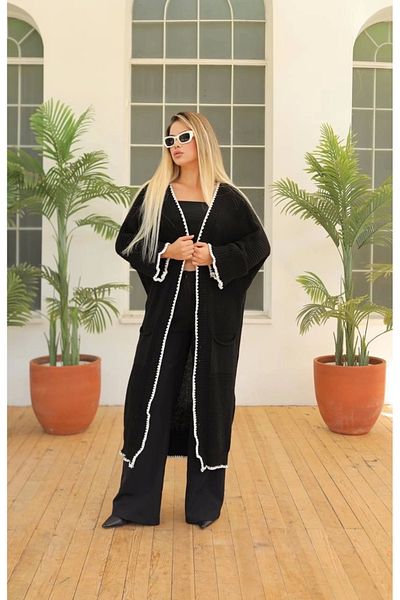 ufukmoda Long Cardigan Shepherd Stitching Black