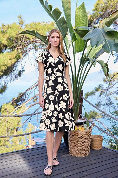 MONAMİSE Women's Patterned Button Front Short Sleeve V Neck Dress 25061