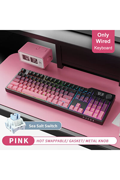 Ajazz حشية لوحة مفاتيح الألعاب اللاسلكية الجديدة AK35I V3 MAX ثلاثية الأوضاع مزودة بتقنية البلوتوث وسلكية بلون وردي وملح البحر