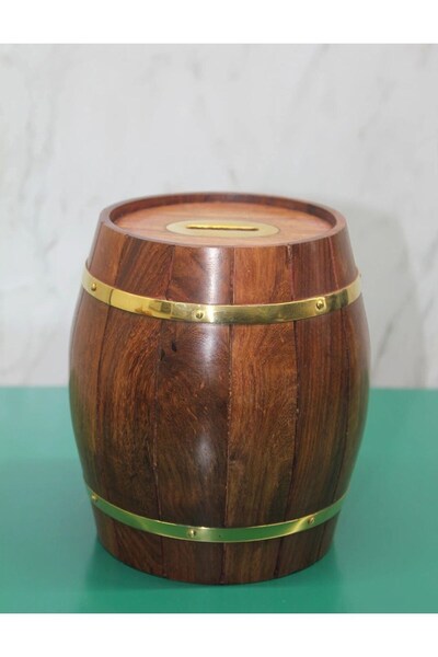 ForWhat Wooden Barrel Piggy Bank with Brass Accessories for Bureau Home Office Kid Gift
