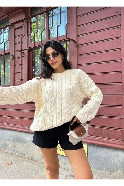 NZL TEKSTİL Dgn's Hair Braided Circle Neck Soft Textured Women's Knitwear Sweater