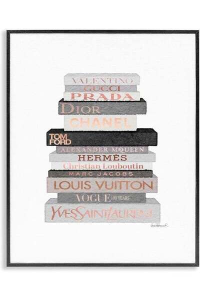 Emoda home Trove Neutral Grey and Rose Gold Fashion Bookstack Black Framed Wa...