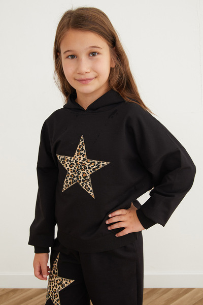 Fulla Moda Star Embroidered Leopard Patterned Hooded Girl's Suit