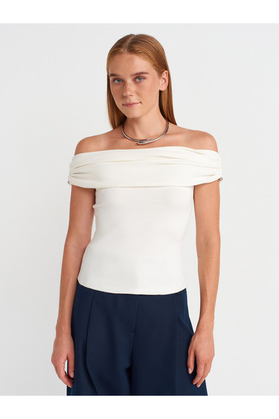 Dilvin 10797 Bardot Collar Metal Detailed Knitwear Blouse-Ecru