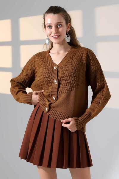 ALCHON V-Neck Long Sleeve Textured Patterned 4 Button Stylish Knitwear Cardigan