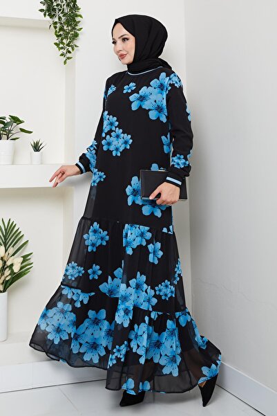 Hb Harma Time Butik Γυναικείο φόρεμα με μοτίβο λουλουδιών μπλε σιφόν