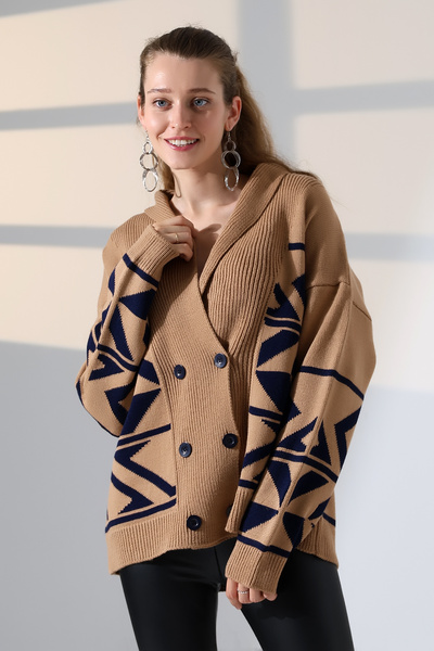 ALCHON V Fold Collar Long Sleeve Jacquard Panel 6 Buttons Winter Stylish Thick Knitwear Sweater