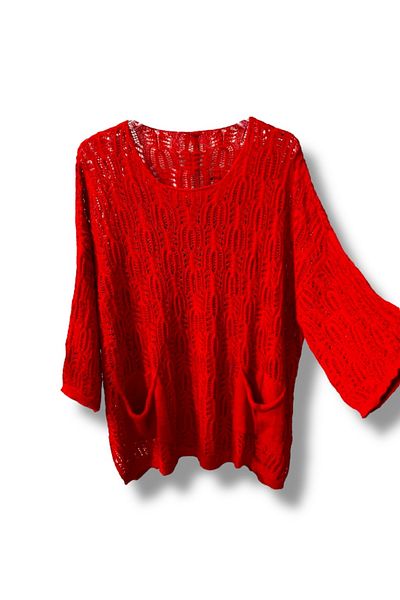 SUMEF Women's Mercerized Perforated Knitwear Blouse with Pockets Casual Model 38-52 Size Compatible