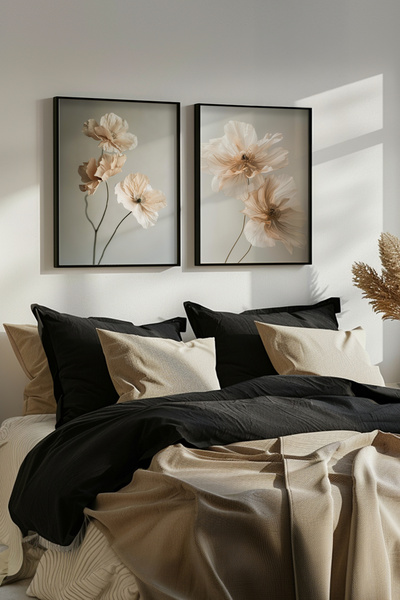 STARYUNA Set de pictură în două tonuri bej, cu flori minimaliste, cu cadru di...