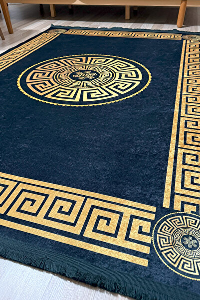 Charmbi Gold Greek Desenli Siyah Saçaklı Makinede Yıkanabilir Salon Halısı Yatak Odası Halısı & Yolluk