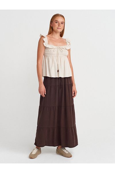Dilvin 80588 Elastic Waist Gathered Denim Skirt-Brown