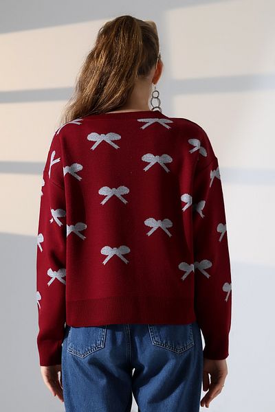 ALCHON Round Neck Long Sleeve Jacquard Panel Bow Tie Bow Pattern 5 Buttons Winter Knitwear Cardigan