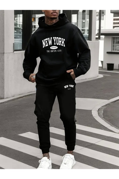FUFLUNS New York Printed Unisex Women/Men Hooded Oversize Bottom/Upper Tracksuit Set