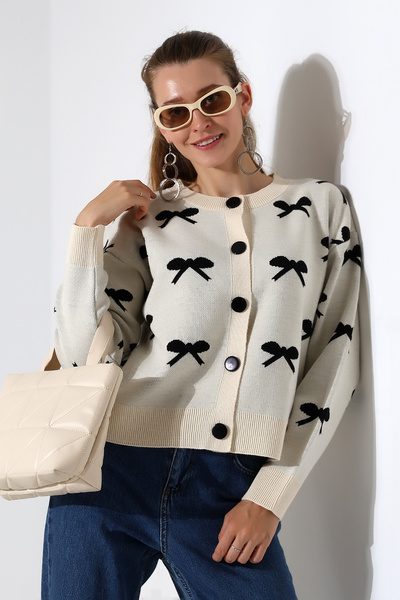ALCHON Round Neck Long Sleeve Jacquard Panel Bow Tie Bow Pattern 5 Buttons Winter Knitwear Cardigan