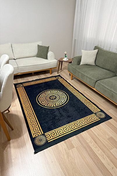 Charmbi Gold Greek Desenli Siyah Saçaklı Makinede Yıkanabilir Salon Halısı Yatak Odası Halısı & Yolluk