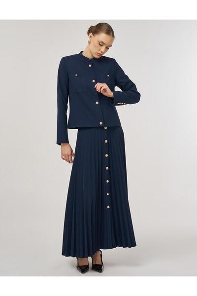 Kayra Gold Buttoned Skirt Suit Dark Navy Blue