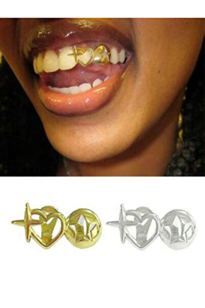 La Saade Y2k Gümüş Rengi Yıldız Ve Kalpli Üçlü Teeth Grillz Gems Diş Taşı Aksesuar