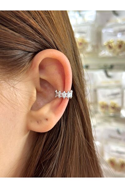 BY YASİN TOPÇU Çelik Taç Form Karışık Kesim Taşlı Ear Cuff Kıkırdak Küpe – Silver