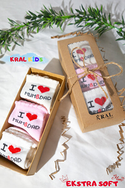 KRAL SOCKS 6 Pairs of Baby Girl Socks Boxed Booties Size – I Love Mum Dad Patterned, Cotton
