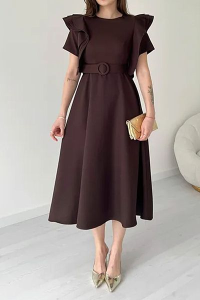 MILANOFOX Atlas Crepe A-Line Midi Length Dress with Shoulder Ruffle Detail and Belt