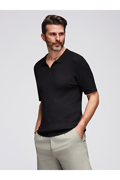 OMBRE Herren Poloshirt ohne Knöpfe mit offenem Kragen - schwarz V2 OM-POSS-0160