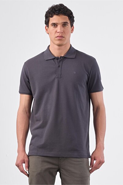 Dufy Antrasit Polo Yaka Pamuklu Düz Renk Slim Fit Erkek T-shirt